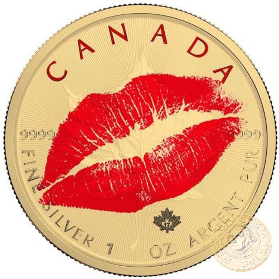 Canada KISS ME Canadian Maple Leaf series THEMATIC DESIGN $5 Silver Coin 2017 Yellow Gold plated 1 oz